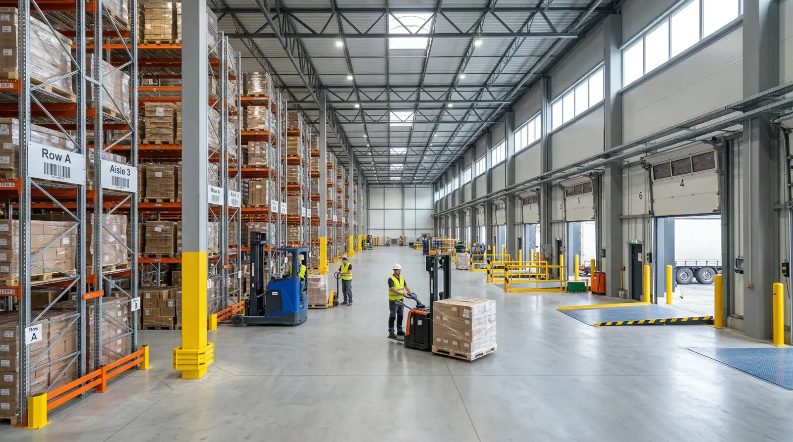 Material handling equipment in a warehouse setting